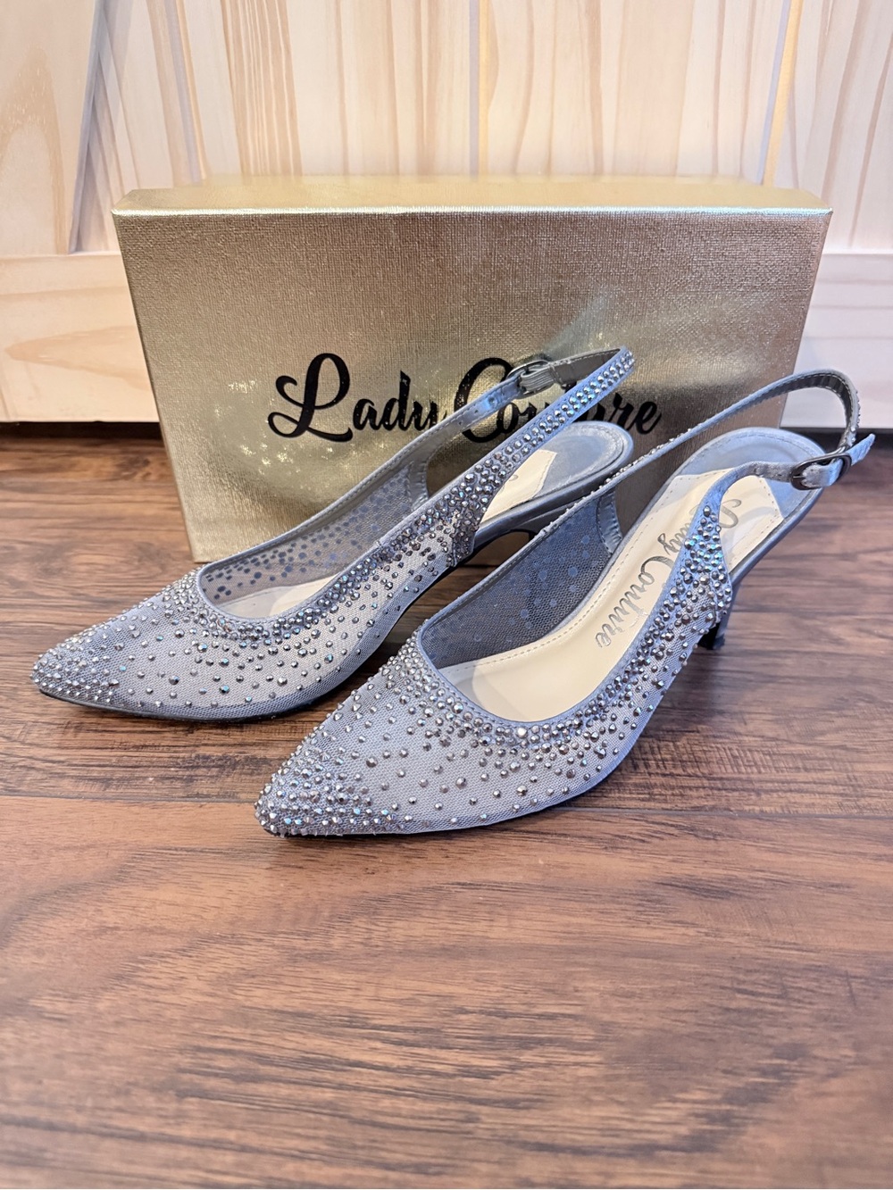 Lady Couture Silver/Pewter Crystal Slingback Kitten Heels Size 8